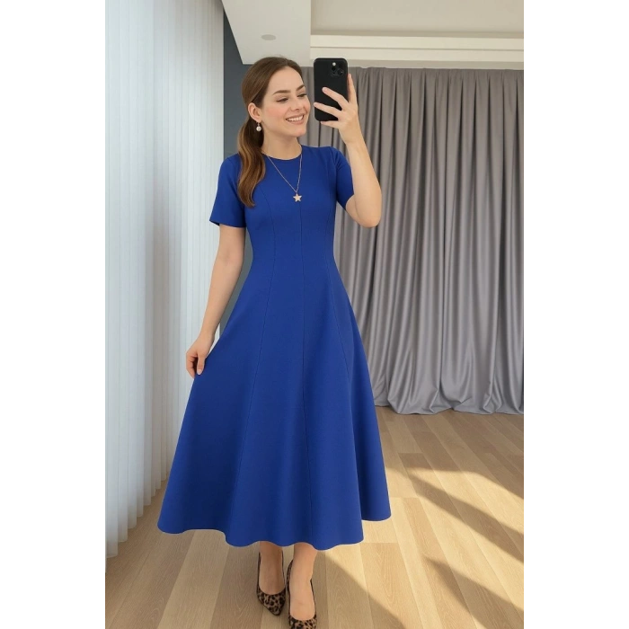 MDB Kadın Kısa Kollu Bisiklet Yaka Maksi Boy Ithal Krep Elbise