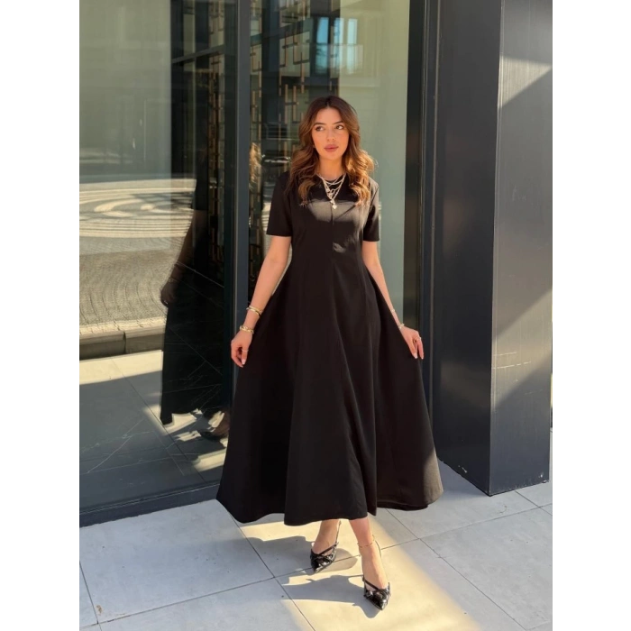MDB Kadın Kısa Kollu Bisiklet Yaka Maksi Boy Ithal Krep Elbise