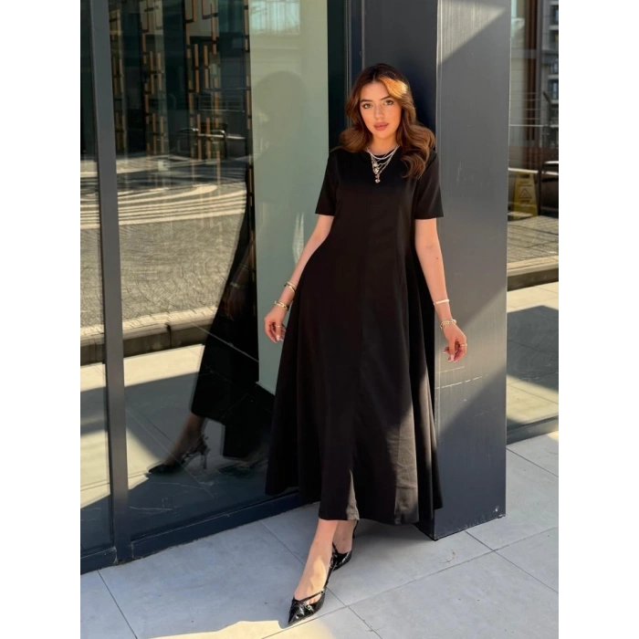 MDB Kadın Kısa Kollu Bisiklet Yaka Maksi Boy Ithal Krep Elbise