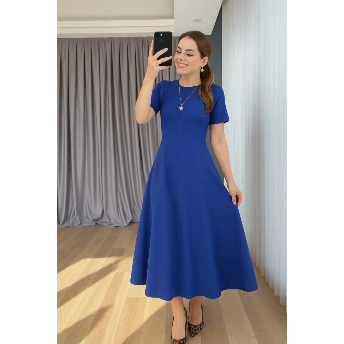 MDB Kadın Kısa Kollu Bisiklet Yaka Maksi Boy Ithal Krep Elbise