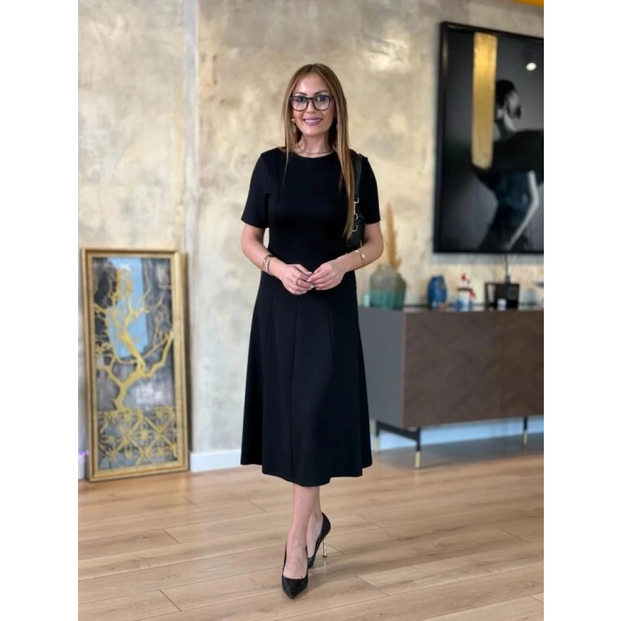 MDB Kadın Kısa Kollu Bisiklet Yaka Midi Viskon Iki Iplik Elbise