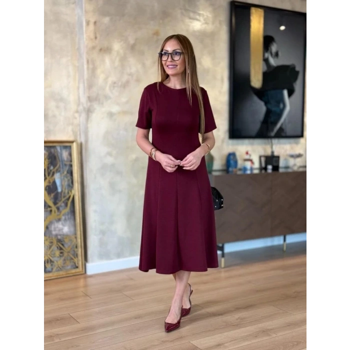 MDB Kadın Kısa Kollu Bisiklet Yaka Midi Viskon Iki Iplik Elbise
