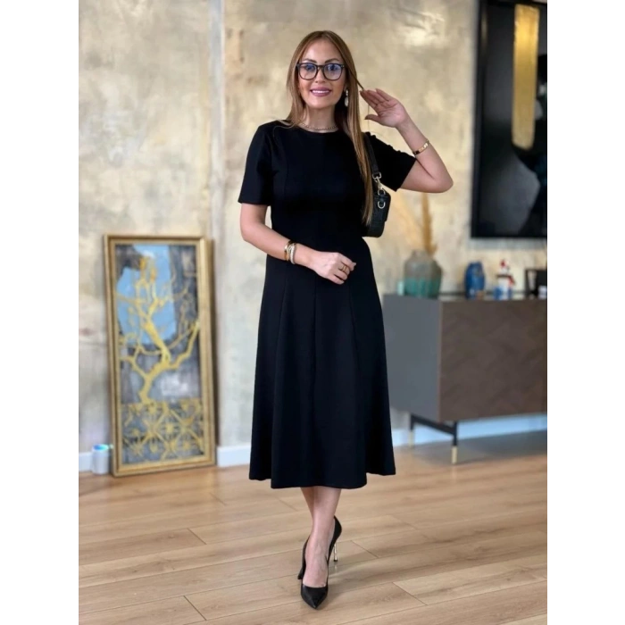 MDB Kadın Kısa Kollu Bisiklet Yaka Midi Viskon Iki Iplik Elbise