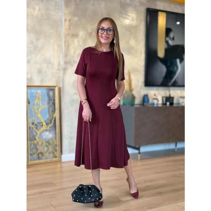 MDB Kadın Kısa Kollu Bisiklet Yaka Midi Viskon Iki Iplik Elbise