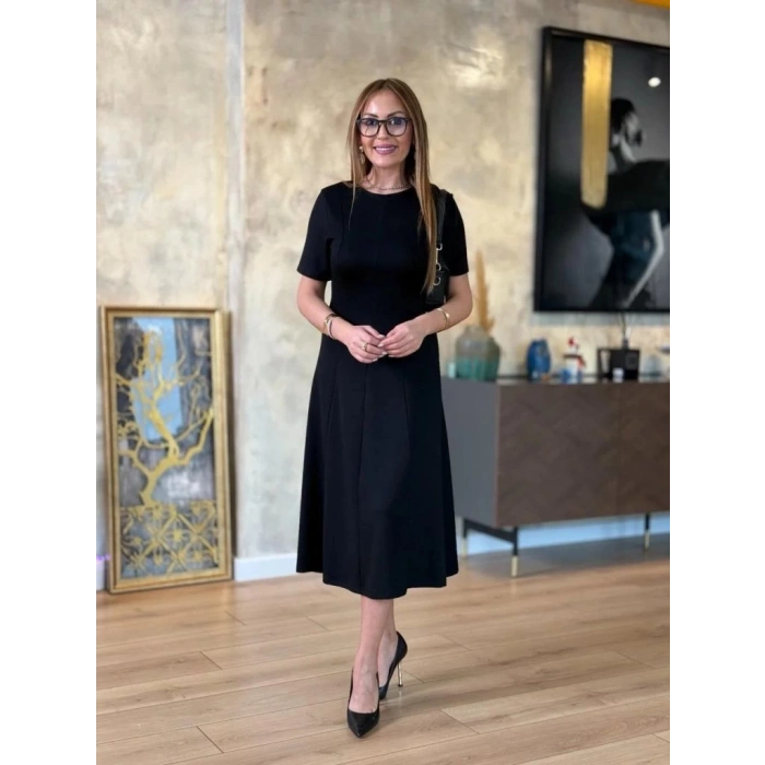 MDB Kadın Kısa Kollu Bisiklet Yaka Midi Viskon Iki Iplik Elbise