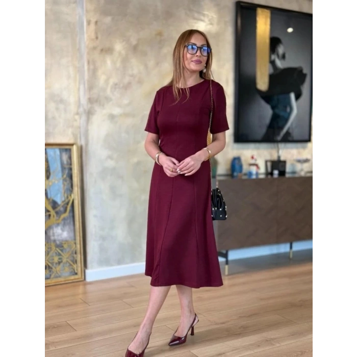 MDB Kadın Kısa Kollu Bisiklet Yaka Midi Viskon Iki Iplik Elbise