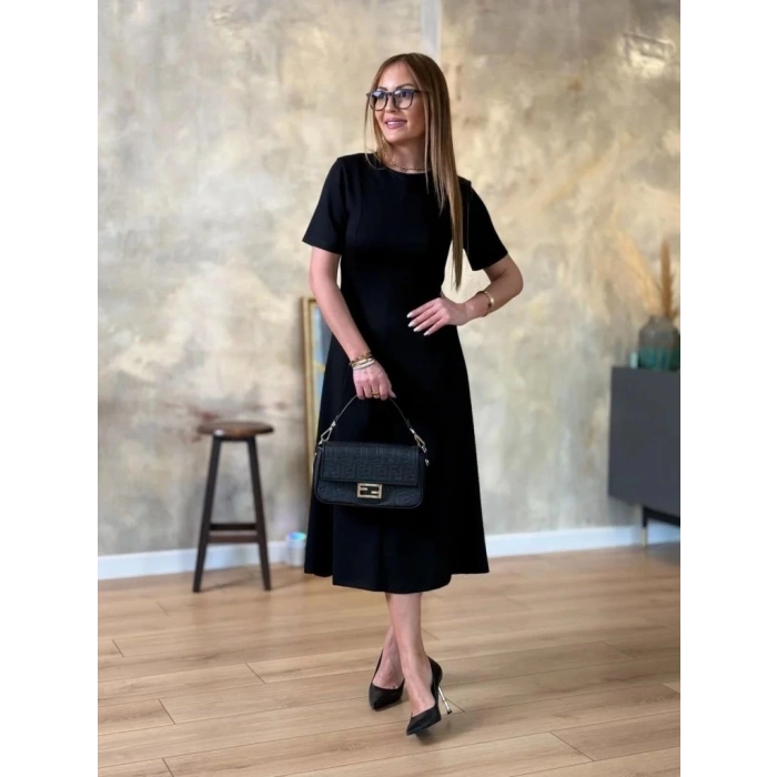 MDB Kadın Kısa Kollu Bisiklet Yaka Midi Viskon Iki Iplik Elbise