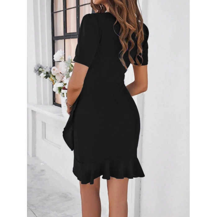 MDB Kadın Kısa Kollu Bisiklet Yaka önden Fırfırlı Büzgülü Janjan Krep Kısa Elbise