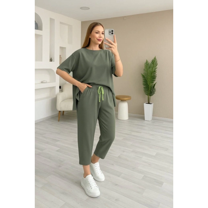 MDB Kadın Kısa Kollu Bisiklet Yaka Viskon Iki Iplik Bluz Ve Pantolon Ikili Takım