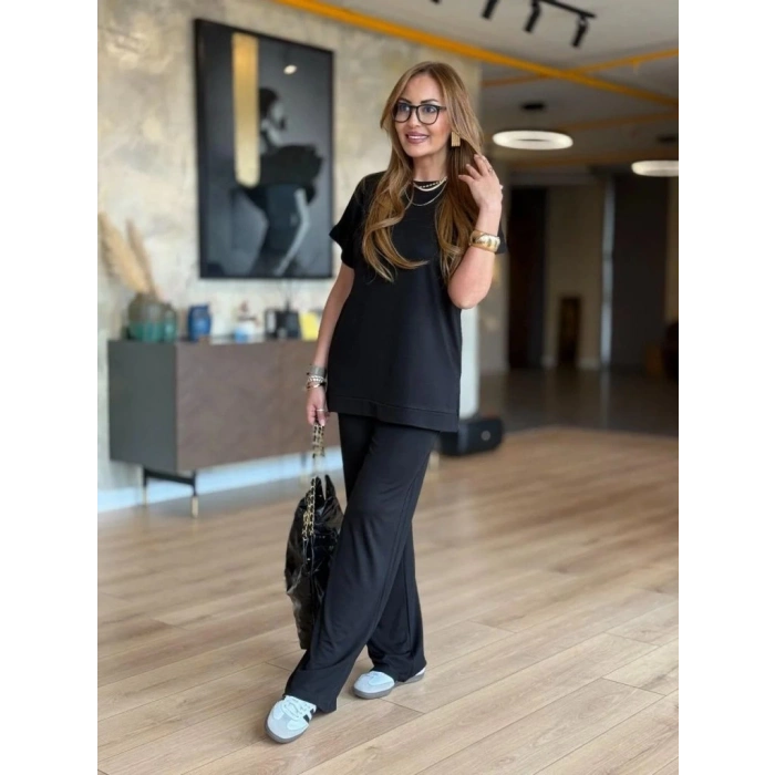 MDB Kadın Kısa Kollu Bisiklet Yaka Viskon Iki Iplik Bluz Ve Pantolon Ikili Takım