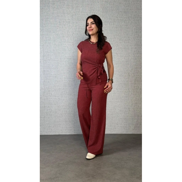 MDB Kadın Kısa Kollu Bisiklet Yaka Yandan Bağlamalı Bürümcük Bluz Ve Pantolon Ikili Takım