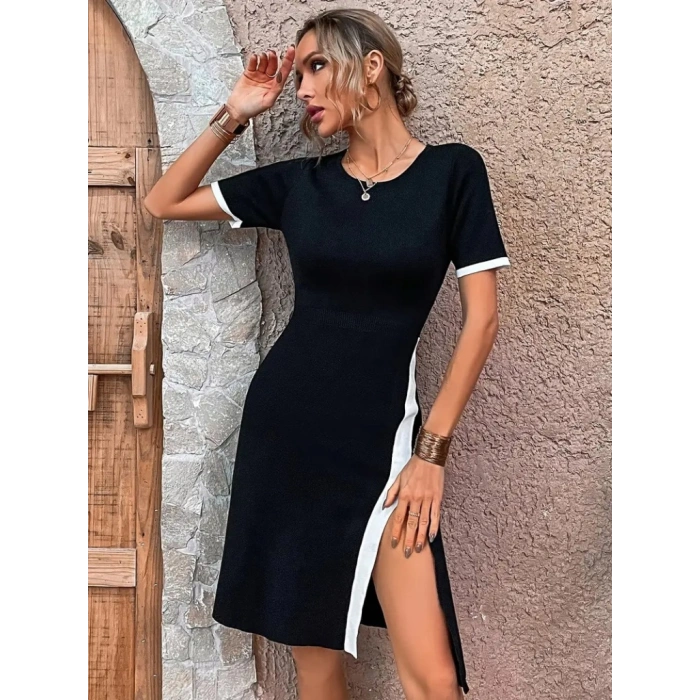 MDB Kadın Kısa Kollu Bisiklet Yaka Yandan Yırtmaçlı Renkli şerit Detay Janjan Krep Elbise