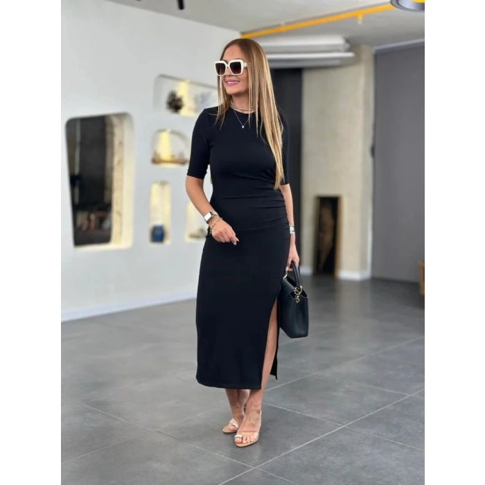 MDB Kadın Kısa Kollu Bisiklet Yaka Yandan Yırtmaçlı Viskon Iki Iplik Elbise