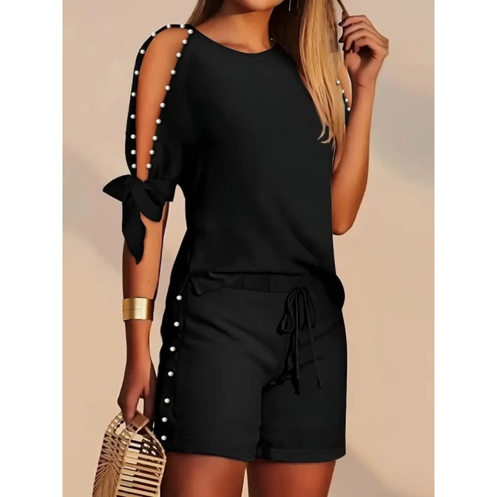 MDB Kadın Kısa Kollu Bisiklet Yaka Yarı Açık Omuz Inci Detaylı Short Tshirt Viskon Ikili Takım