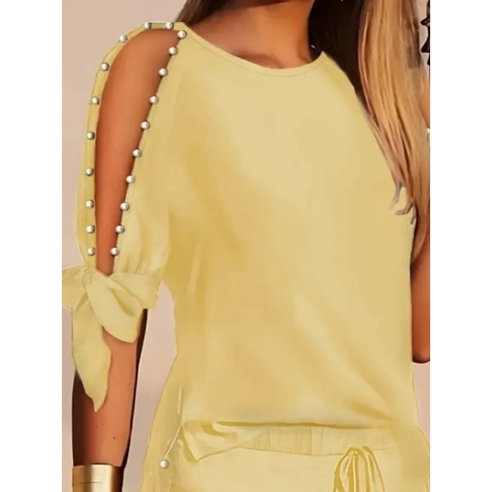 MDB Kadın Kısa Kollu Bisiklet Yaka Yarı Açık Omuz Inci Detaylı Short Tshirt Viskon Ikili Takım