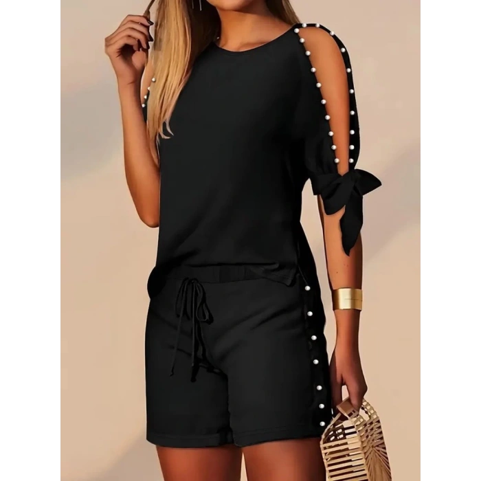 MDB Kadın Kısa Kollu Bisiklet Yaka Yarı Açık Omuz Inci Detaylı Short Tshirt Viskon Ikili Takım