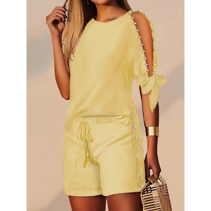 MDB Kadın Kısa Kollu Bisiklet Yaka Yarı Açık Omuz Inci Detaylı Short Tshirt Viskon Ikili Takım