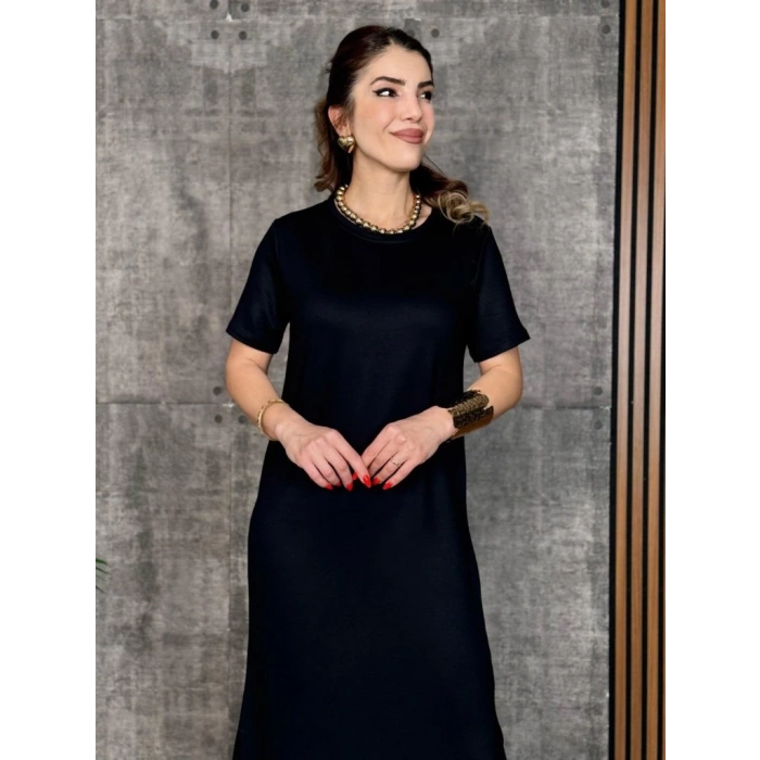 MDB Kadın Kısa Kollu Bisiklet Yaka Yırtmaçlı Viskon Iki Iplik Elbise