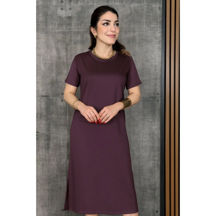 MDB Kadın Kısa Kollu Bisiklet Yaka Yırtmaçlı Viskon Iki Iplik Elbise