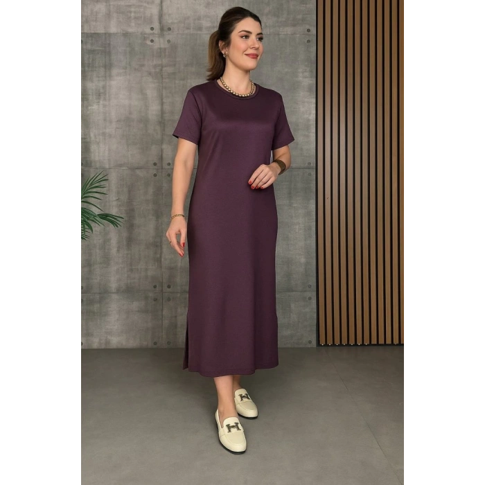 MDB Kadın Kısa Kollu Bisiklet Yaka Yırtmaçlı Viskon Iki Iplik Elbise