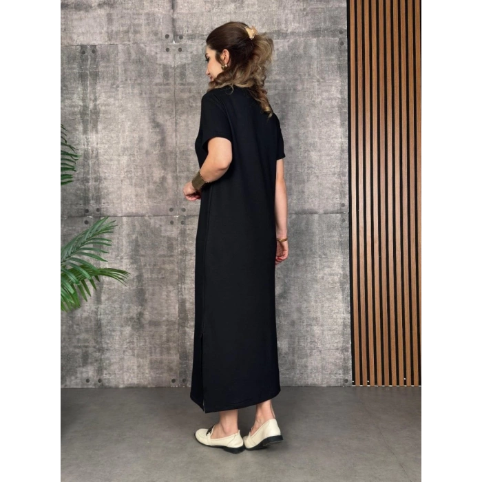 MDB Kadın Kısa Kollu Bisiklet Yaka Yırtmaçlı Viskon Iki Iplik Elbise