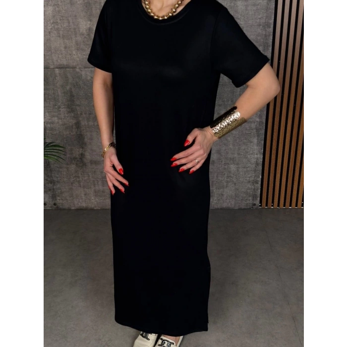 MDB Kadın Kısa Kollu Bisiklet Yaka Yırtmaçlı Viskon Iki Iplik Elbise