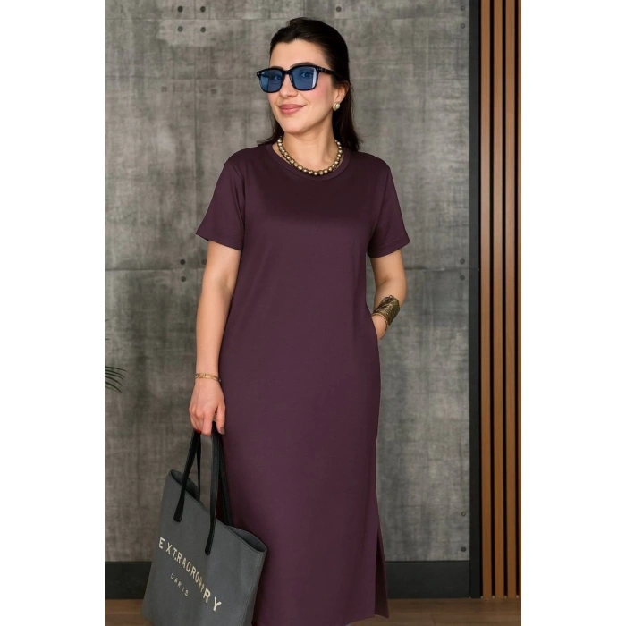 MDB Kadın Kısa Kollu Bisiklet Yaka Yırtmaçlı Viskon Iki Iplik Elbise