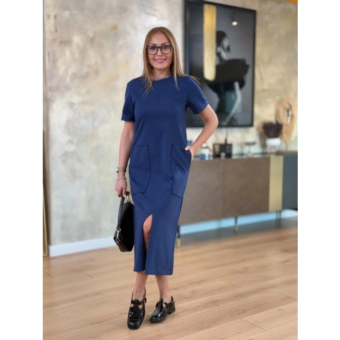 MDB Kadın Kısa Kollu Bisiklet Yakalı Cepli önden Yırtmaçlı Viskon Iki Iplik Midi Elbise