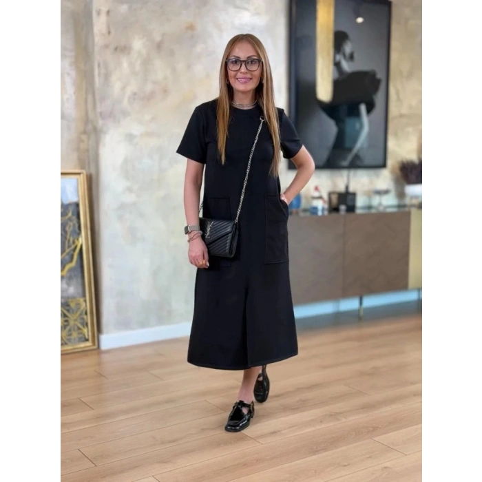 MDB Kadın Kısa Kollu Bisiklet Yakalı Cepli önden Yırtmaçlı Viskon Iki Iplik Midi Elbise