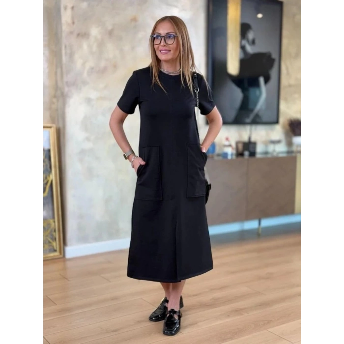 MDB Kadın Kısa Kollu Bisiklet Yakalı Cepli önden Yırtmaçlı Viskon Iki Iplik Midi Elbise