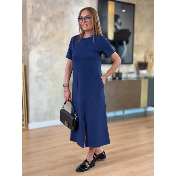 MDB Kadın Kısa Kollu Bisiklet Yakalı Cepli önden Yırtmaçlı Viskon Iki Iplik Midi Elbise