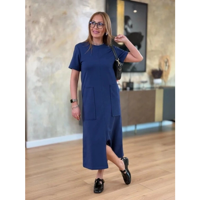 MDB Kadın Kısa Kollu Bisiklet Yakalı Cepli önden Yırtmaçlı Viskon Iki Iplik Midi Elbise