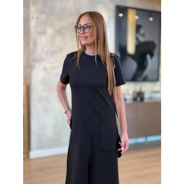 MDB Kadın Kısa Kollu Bisiklet Yakalı Cepli önden Yırtmaçlı Viskon Iki Iplik Midi Elbise