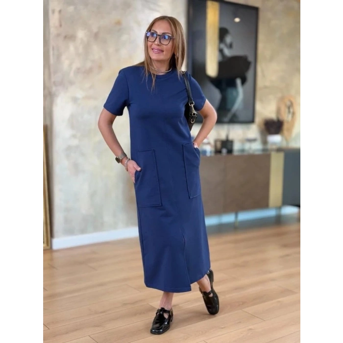 MDB Kadın Kısa Kollu Bisiklet Yakalı Cepli önden Yırtmaçlı Viskon Iki Iplik Midi Elbise