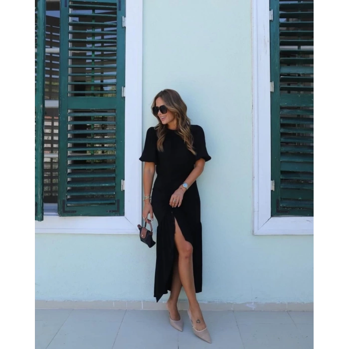 MDB Kadın Kısa Kollu Bisiklet Yakalı Yandan Yırtmaçlı Büzgülü Janjan Krep Elbise