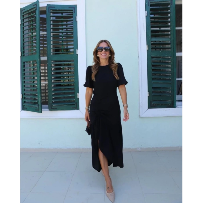 MDB Kadın Kısa Kollu Bisiklet Yakalı Yandan Yırtmaçlı Büzgülü Janjan Krep Elbise