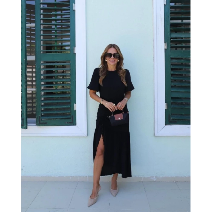 MDB Kadın Kısa Kollu Bisiklet Yakalı Yandan Yırtmaçlı Büzgülü Janjan Krep Elbise