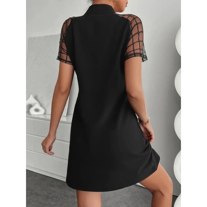 MDB Kadın Kısa Kollu Boyundan Bağlamalı Omuzlarda Tül Detaylı Janjan Krep Elbise