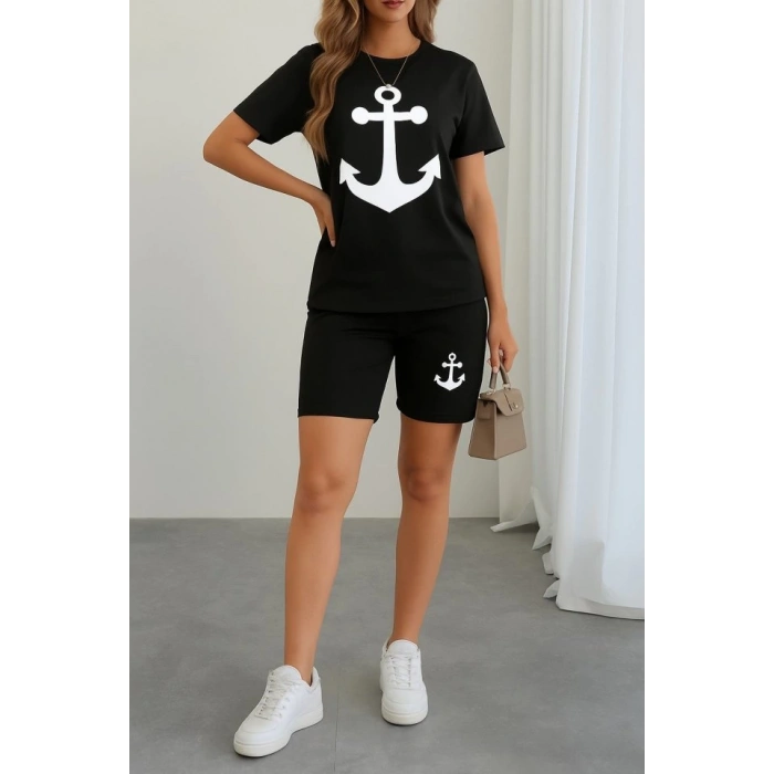 MDB Kadın Kısa Kollu çapa Baskılı Viskon Ikili Takım