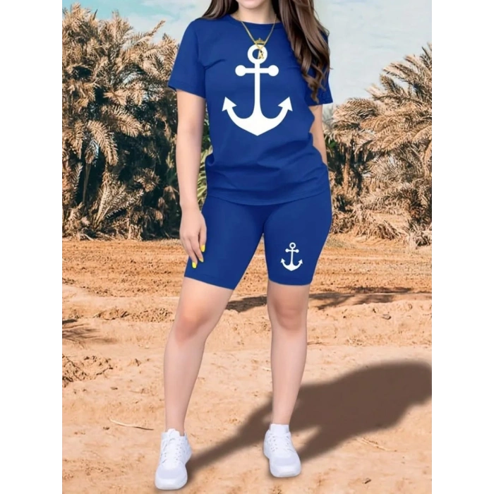 MDB Kadın Kısa Kollu çapa Baskılı Viskon Ikili Takım