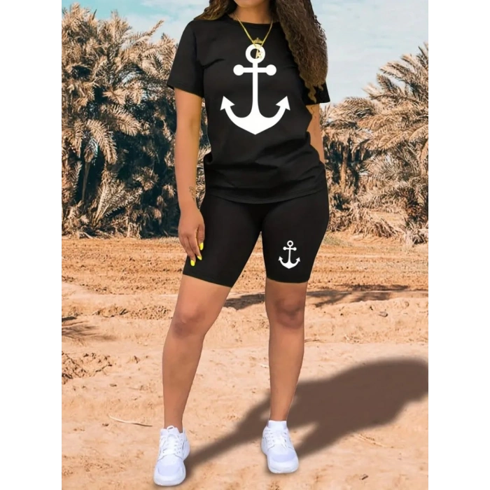 MDB Kadın Kısa Kollu çapa Baskılı Viskon Ikili Takım