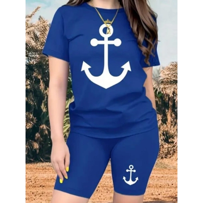 MDB Kadın Kısa Kollu çapa Baskılı Viskon Ikili Takım