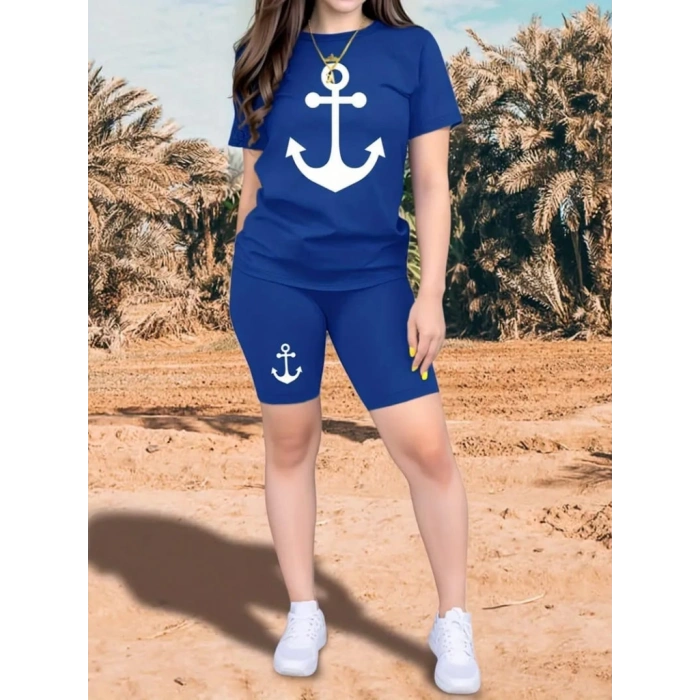 MDB Kadın Kısa Kollu çapa Baskılı Viskon Ikili Takım