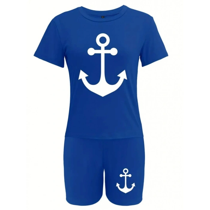 MDB Kadın Kısa Kollu çapa Baskılı Viskon Ikili Takım