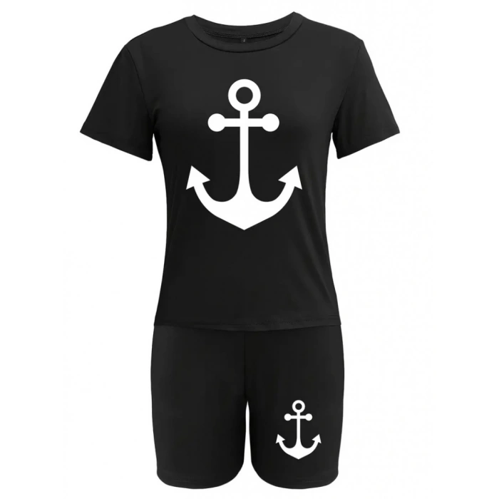 MDB Kadın Kısa Kollu çapa Baskılı Viskon Ikili Takım