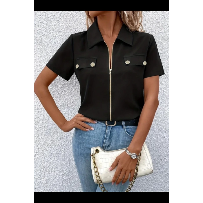 MDB Kadın Kısa Kollu Ceket Yaka önü Fermuarlı Cep Detay Kısa Kol Ithal Krep Bluz