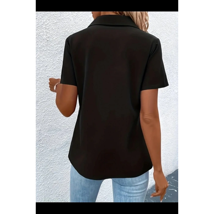 MDB Kadın Kısa Kollu Ceket Yaka önü Fermuarlı Cep Detay Kısa Kol Ithal Krep Bluz