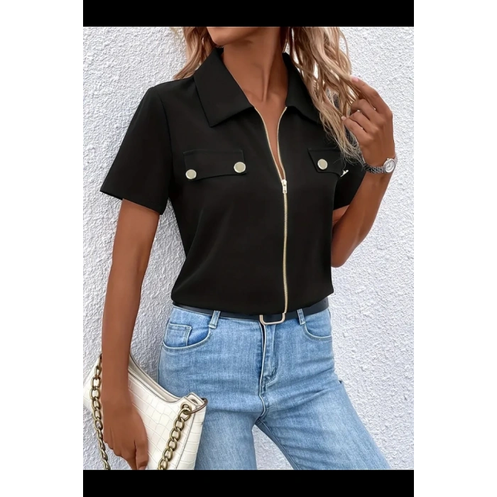 MDB Kadın Kısa Kollu Ceket Yaka önü Fermuarlı Cep Detay Kısa Kol Ithal Krep Bluz