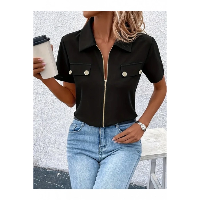 MDB Kadın Kısa Kollu Ceket Yaka önü Fermuarlı Cep Detay Kısa Kol Ithal Krep Bluz