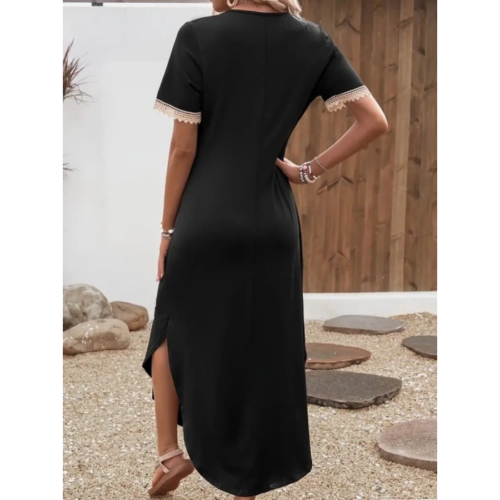 MDB Kadın Kısa Kollu Dantel V Yakalı Uzun Viskon Elbise